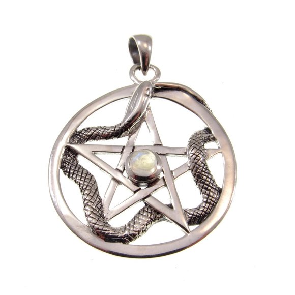 Solid 925 Sterling Silver Weaving Snake Pentacle Pentagram Pendant with Gemstone - Picture 8 of 8